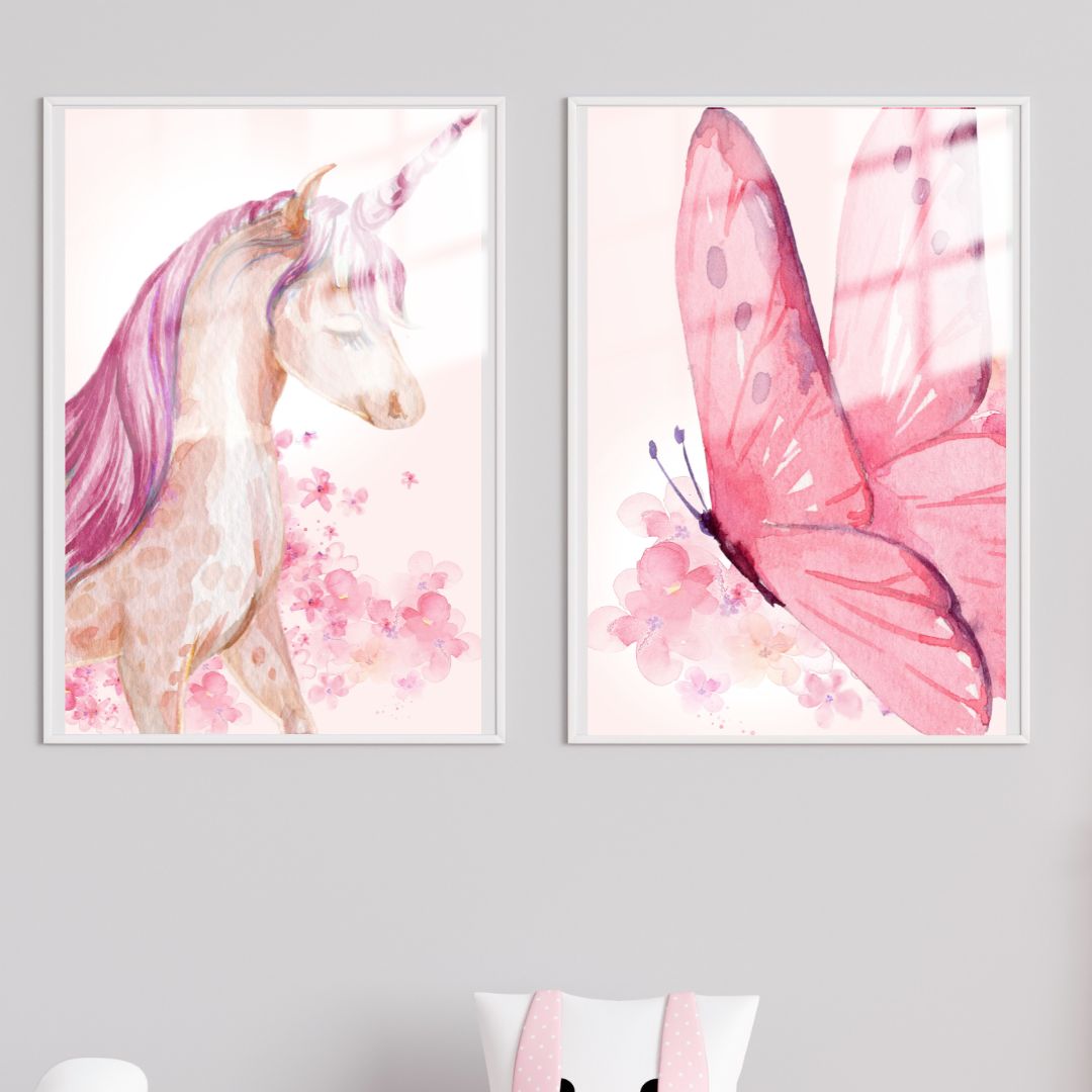 Girl's Wall Art Set - Nursery Décor Prints - Pink Unicorn Butterfly
