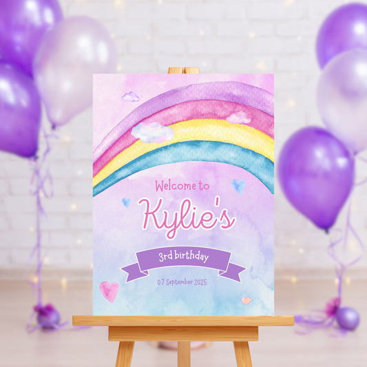 Customised Girl's Birthday Party - Pink Purple Rainbow Sign Board - Personalised Custom Decor