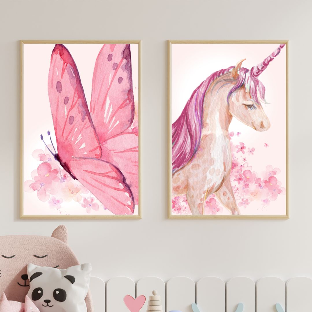 Girl's Wall Art Set - Nursery Décor Prints - Pink Unicorn Butterfly