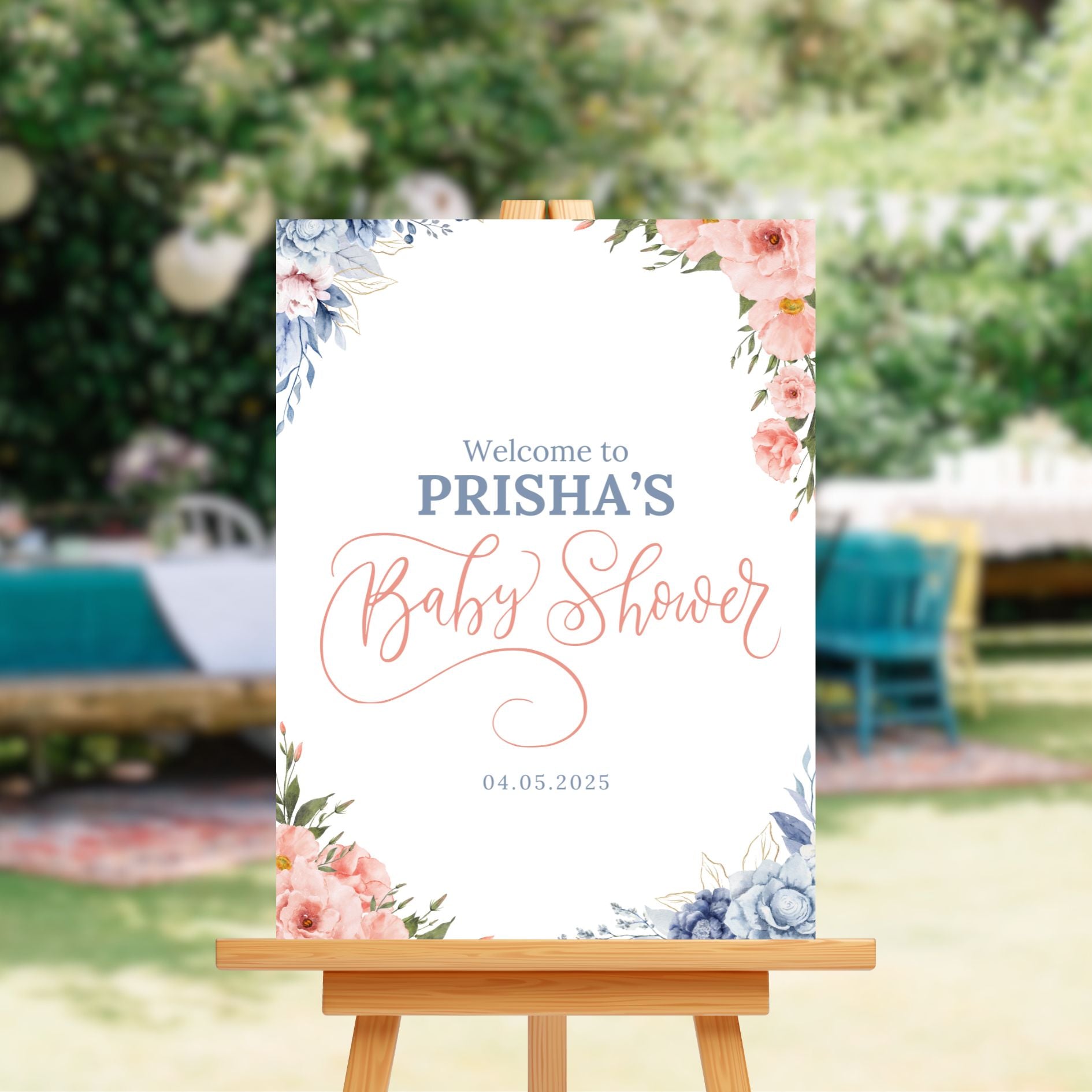 Personalised Sign Board - Pink & Blue Floral Theme - Customised Baby Shower Decor