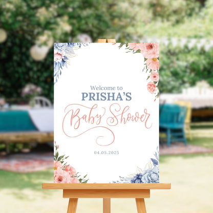 Personalised Sign Board - Pink & Blue Floral Theme - Customised Baby Shower Decor