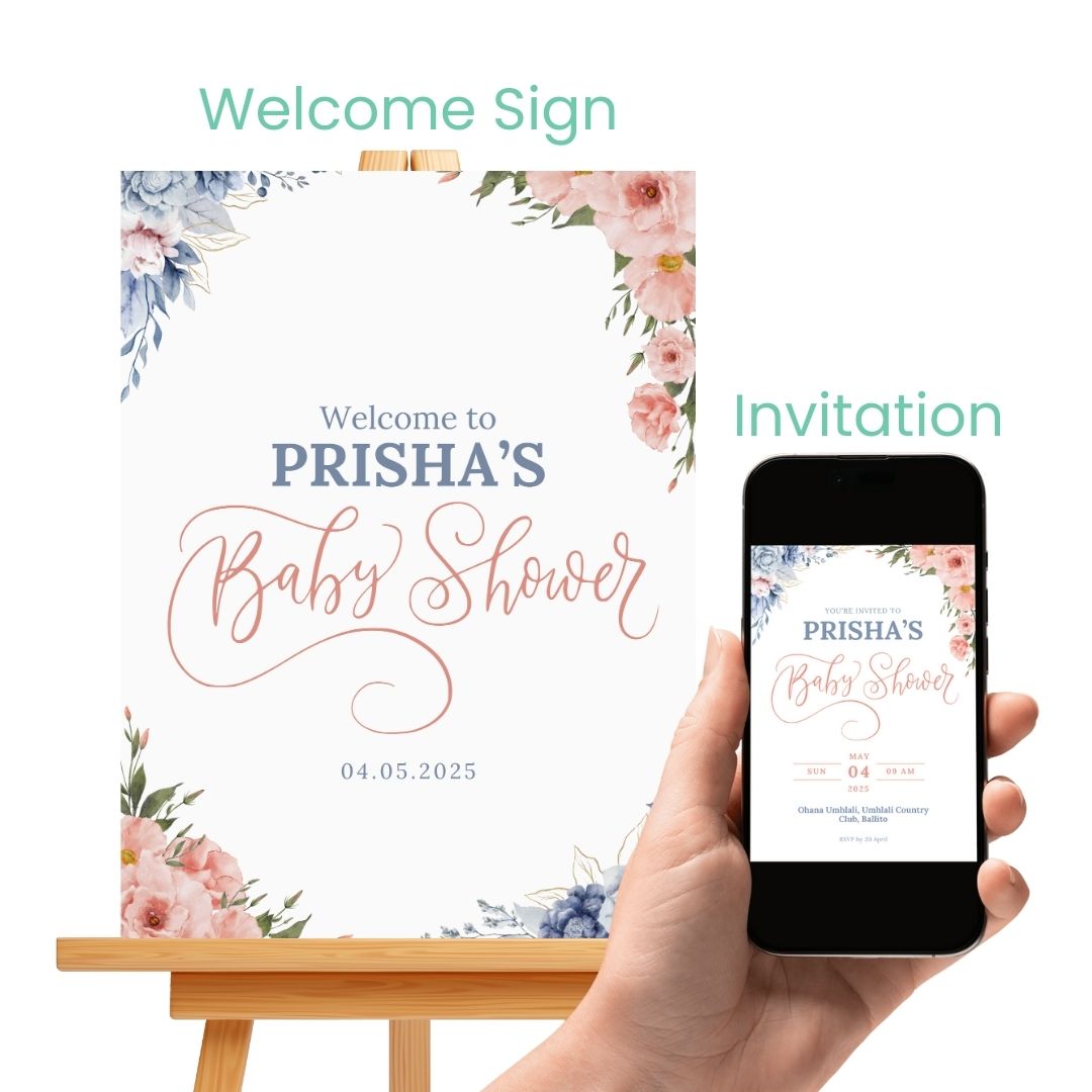 Baby Shower Customised Decor - Digital Invitation + Welcome Sign Board Bundle - Personalised Design SassiBloom - Order Online South Africa