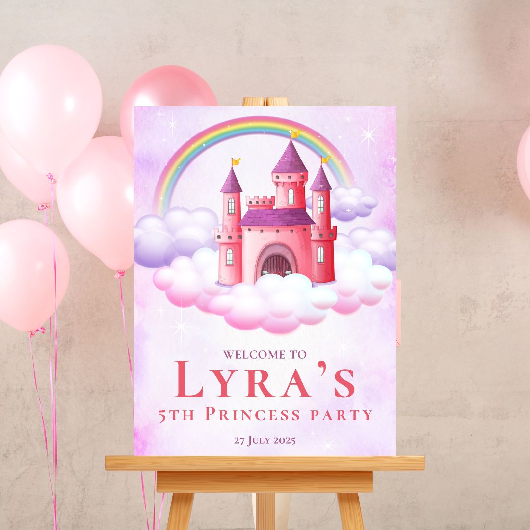 Customised Girl's Princess Birthday Event Decor - Personalised Digital Invitation + Welcome SIgn Board Bundle - SassiBloom South Africa