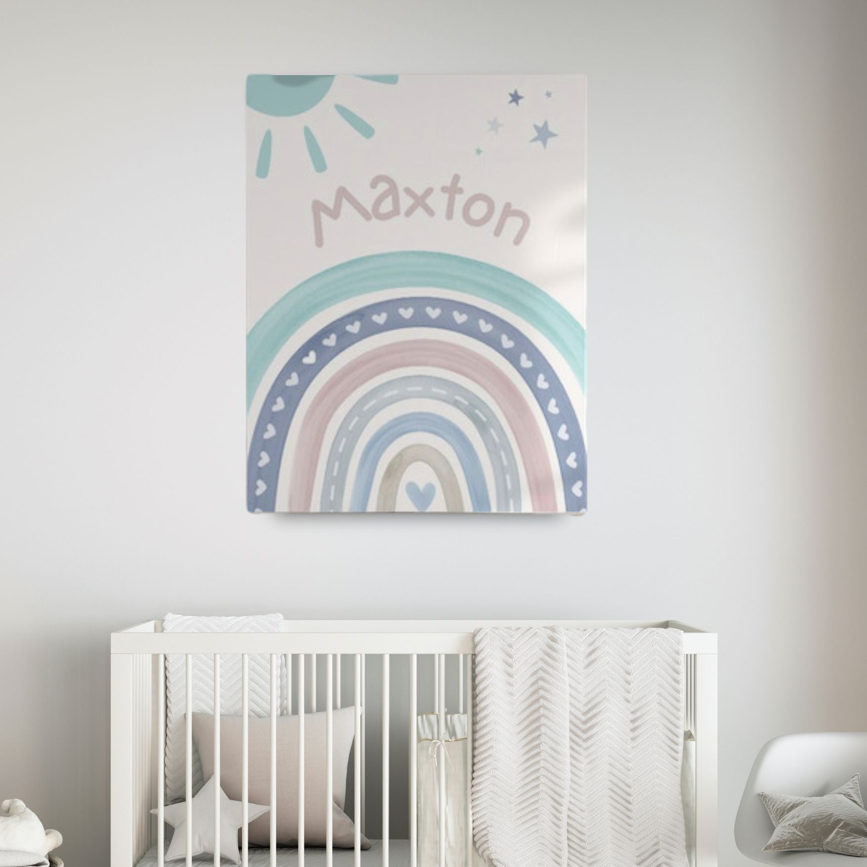 Personalised Boy's Name on Canvas Print - Boho Blue Rainbow - Customised Nursery Kids Decor
