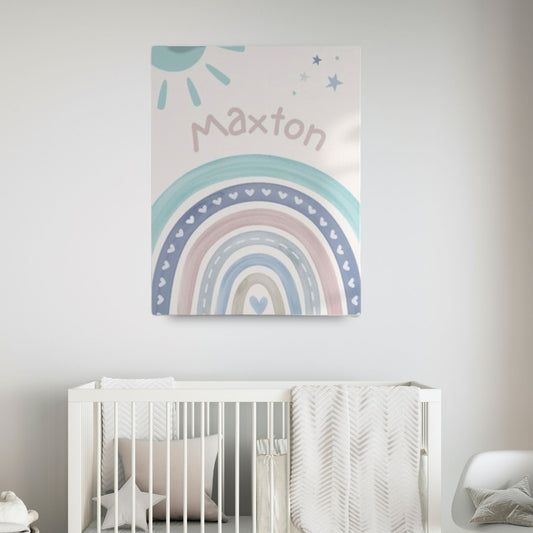 Personalised Boy's Name on Canvas Print - Boho Blue Rainbow - Customised Nursery Kids Decor