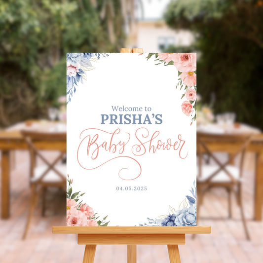 Personalised Sign Board - Pink & Blue Floral Theme - Customised Baby Shower Decor