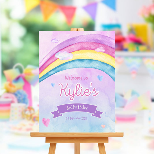 Customised Girl's Birthday Party - Pink Purple Rainbow Sign Board - Personalised Custom Decor
